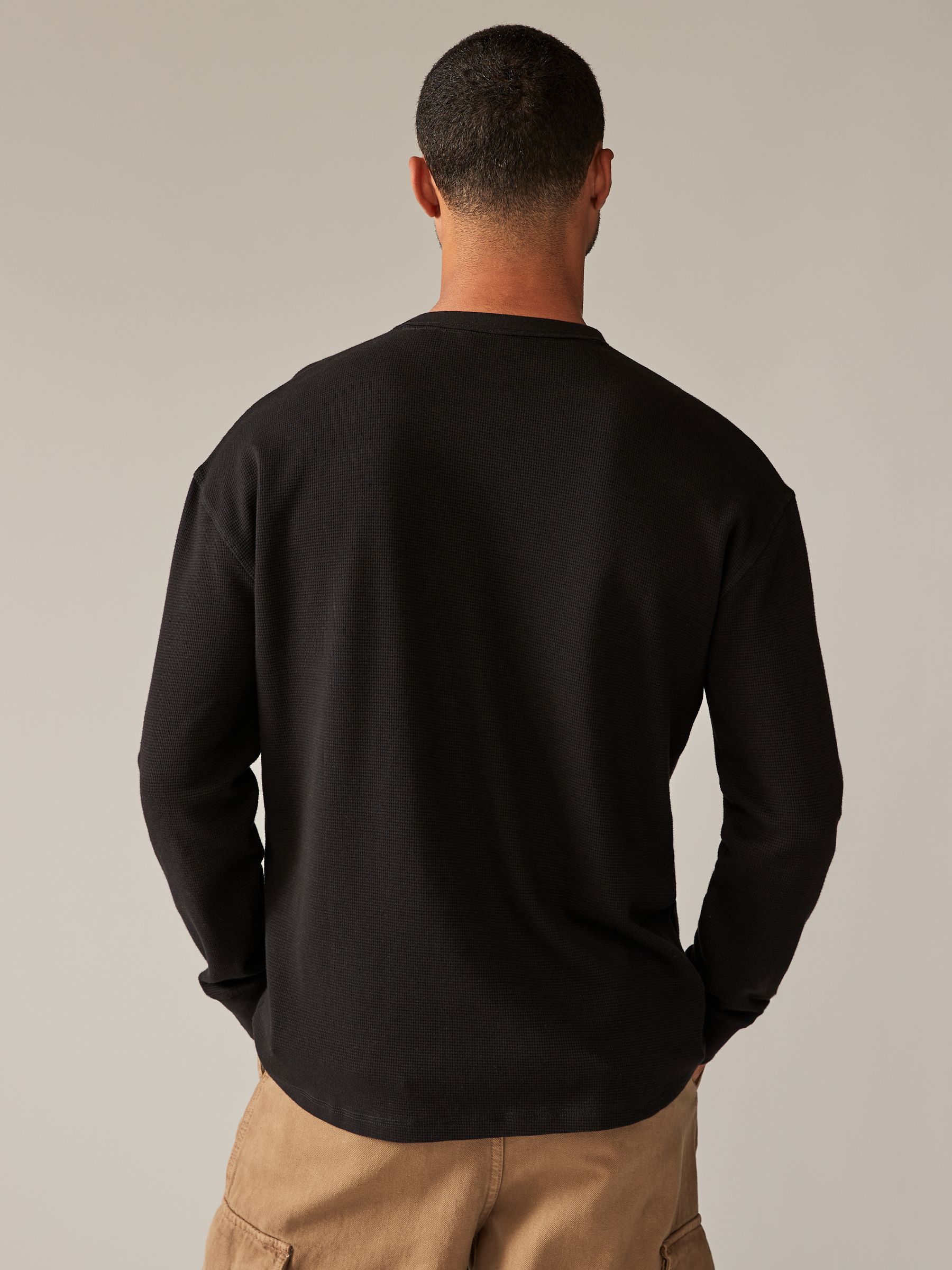 Buy Black Long Sleeves Waffle Texture Crew 100% Cotton T