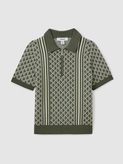 Reiss Sage/Off White Sanderson 13-14 yrs Diamond Stitch Half-Zip Polo Shirt - Image 1 of 4