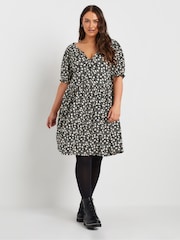 Yours Curve Denim Black Floral Print Textured Mini Dress - Image 1 of 5