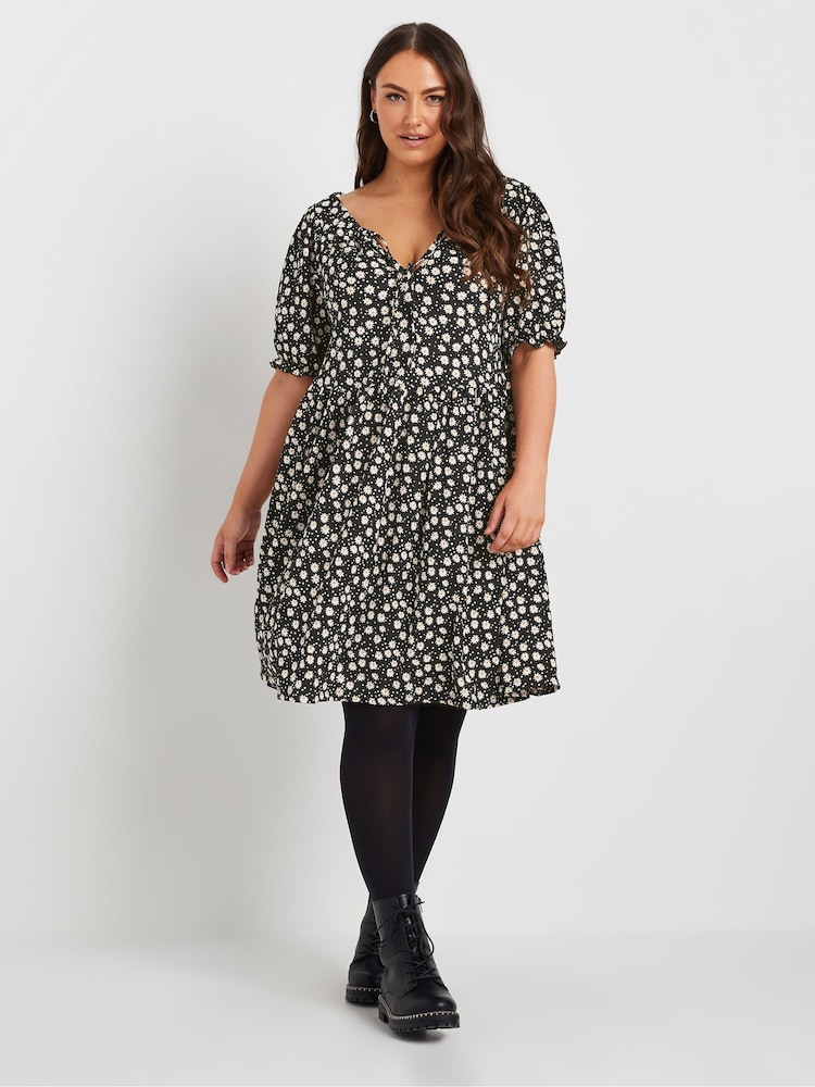Yours Curve Denim Black Floral Print Textured Mini Dress - Image 1 of 5