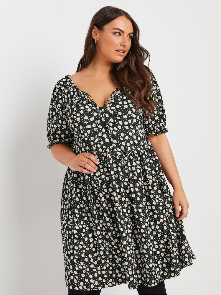 Yours Curve Denim Black Floral Print Textured Mini Dress - Image 2 of 5