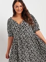 Yours Curve Denim Black Floral Print Textured Mini Dress - Image 4 of 5