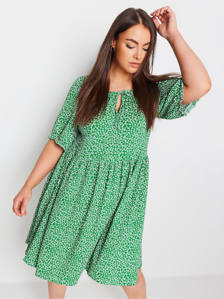 Yours Curve Green Floral Print Textured Mini Dress - Image 1 of 5