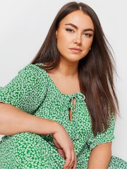 Yours Curve Green Floral Print Textured Mini Dress - Image 4 of 5