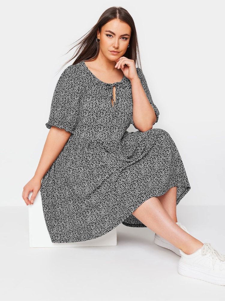 Yours Curve Light Black Floral Print Textured Mini Dress - Image 1 of 5