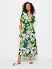 M&Co Green Tropical Print Twist Front Short Sleeve Dress - Image 1 of 5
