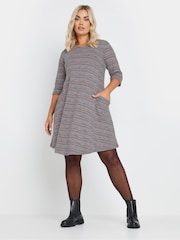 Yours Curve Grey Striped Soft Touch Pocket Dress - Image 1 of 5