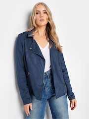 Long Tall Sally Blue Faux Swede Biker Jacket - Image 1 of 5