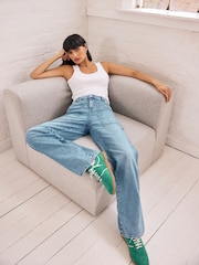 Mid Blue 100% Cotton Cargo Wide Leg Jeans - Image 1 of 8