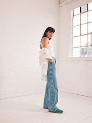 Mid Blue 100% Cotton Cargo Wide Leg Jeans - Image 3 of 8