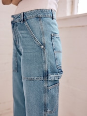 Mid Blue 100% Cotton Cargo Wide Leg Jeans - Image 4 of 8