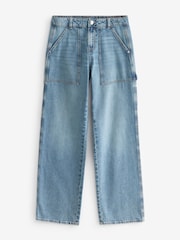 Mid Blue 100% Cotton Cargo Wide Leg Jeans - Image 7 of 8