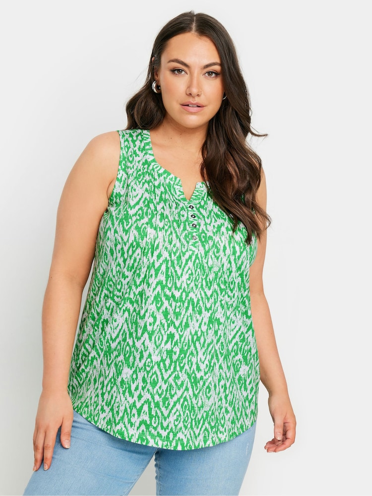 Yours Curve Green Sleeveless Pintuck Henley 100% Cotton Vest - Image 1 of 6