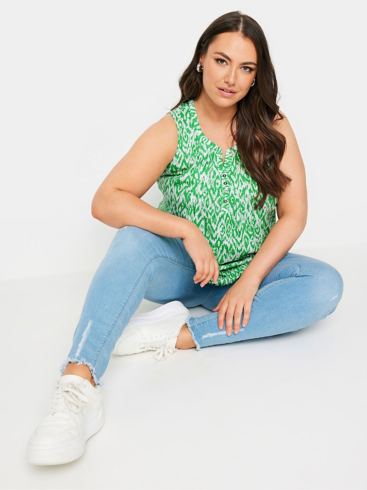 Yours Curve Green Sleeveless Pintuck Henley 100% Cotton Vest - Image 2 of 6