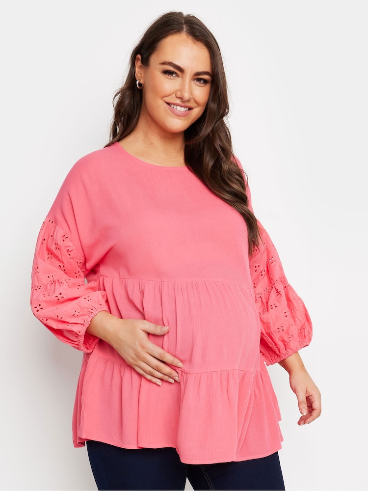 Yours Curve Pink Maternity Tiered Top With Broderie Sleeves - Image 1 of 5