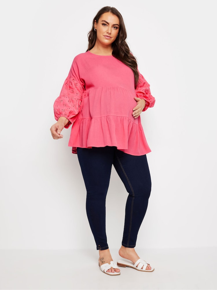 Yours Curve Pink Maternity Tiered Top With Broderie Sleeves - Image 2 of 5