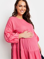 Yours Curve Pink Maternity Tiered Top With Broderie Sleeves - Image 4 of 5