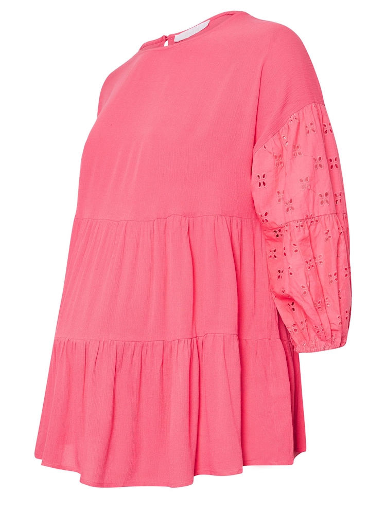 Yours Curve Pink Maternity Tiered Top With Broderie Sleeves - Image 5 of 5