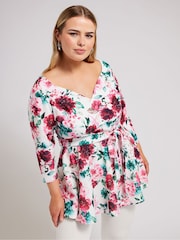 Yours Curve White Floral Long Sleeve Sweetheart Peplum Top - Image 1 of 5