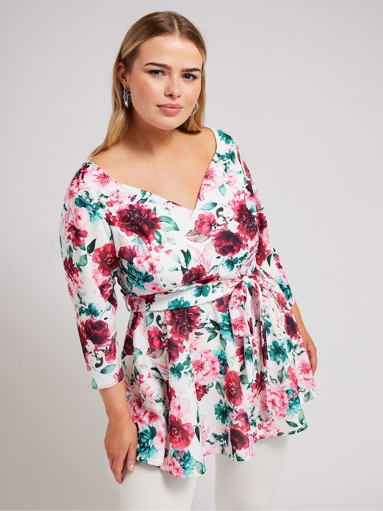 Yours Curve White Floral Long Sleeve Sweetheart Peplum Top - Image 1 of 5