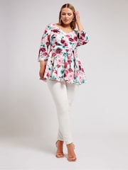 Yours Curve White Floral Long Sleeve Sweetheart Peplum Top - Image 2 of 5