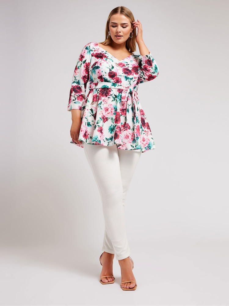 Yours Curve White Floral Long Sleeve Sweetheart Peplum Top - Image 2 of 5