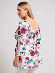 Yours Curve White Floral Long Sleeve Sweetheart Peplum Top - Image 3 of 5