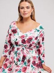 Yours Curve White Floral Long Sleeve Sweetheart Peplum Top - Image 4 of 5