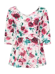 Yours Curve White Floral Long Sleeve Sweetheart Peplum Top - Image 5 of 5