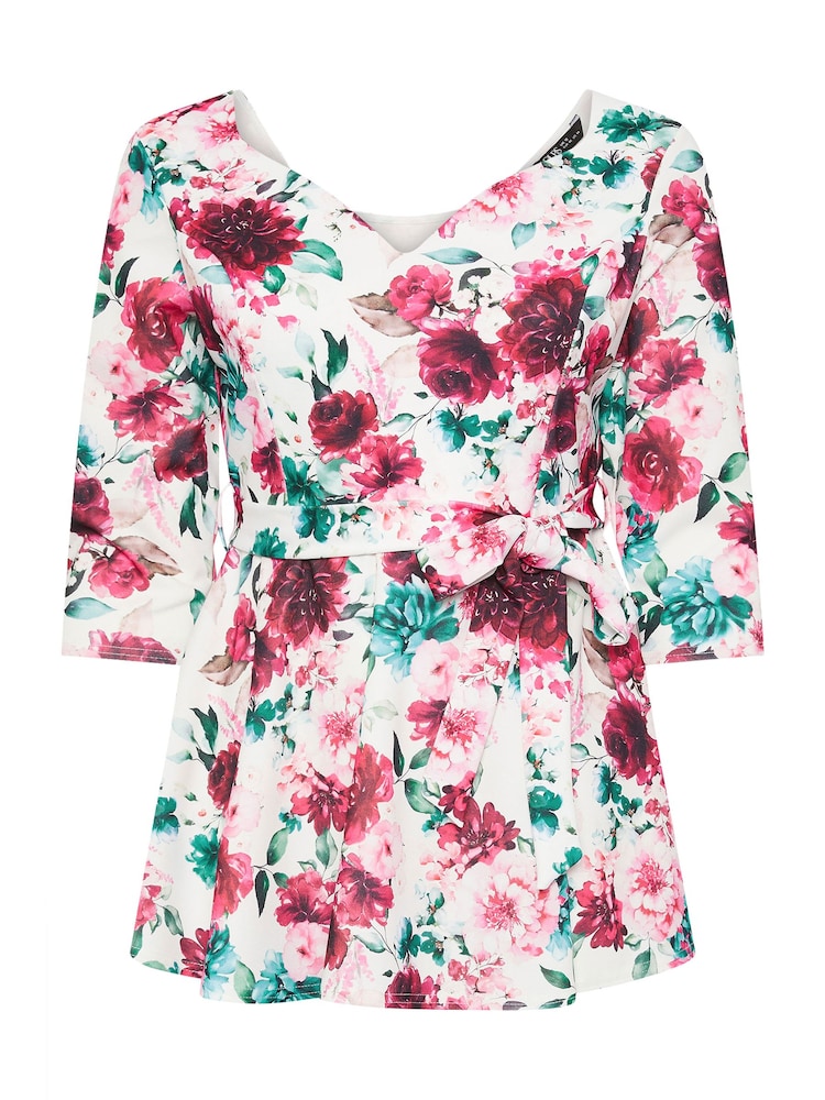 Yours Curve White Floral Long Sleeve Sweetheart Peplum Top - Image 5 of 5