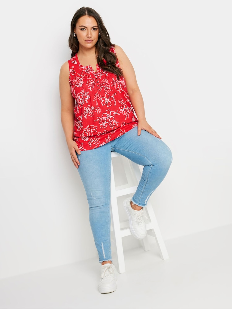 Yours Curve Red Sleeveless Pintuck Henley 100% Cotton Vest - Image 2 of 6