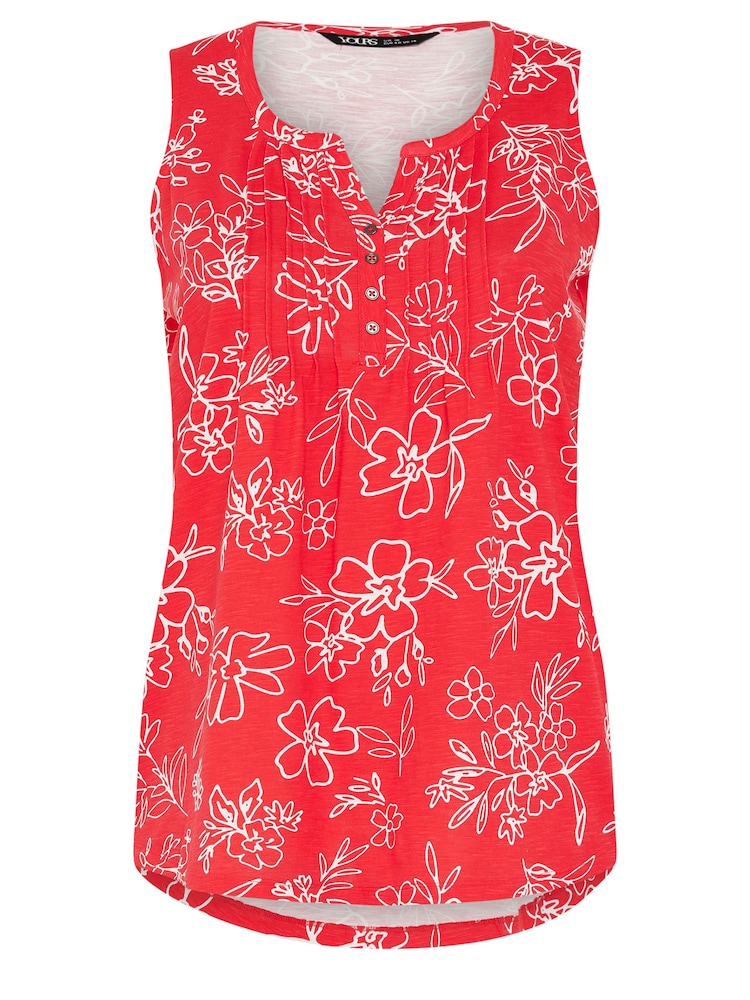 Yours Curve Red Sleeveless Pintuck Henley 100% Cotton Vest - Image 6 of 6