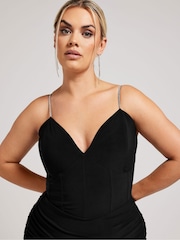 Yours Curve Black Diamante Strap Corset Ruched Dress - Image 2 of 5