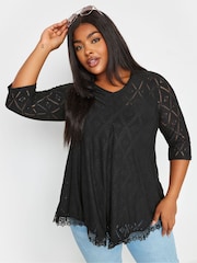 Yours Curve Black Broderie Pleated Front Top - Image 1 of 5