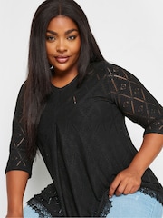 Yours Curve Black Broderie Pleated Front Top - Image 3 of 5