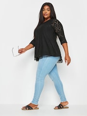 Yours Curve Black Broderie Pleated Front Top - Image 4 of 5