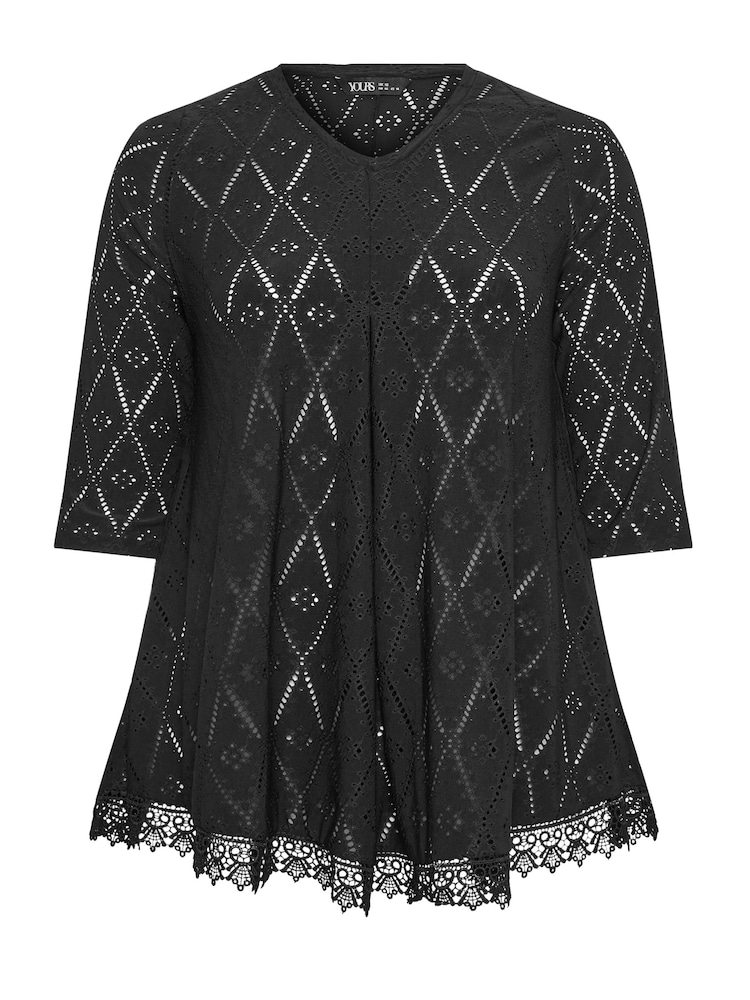 Yours Curve Black Broderie Pleated Front Top - Image 5 of 5
