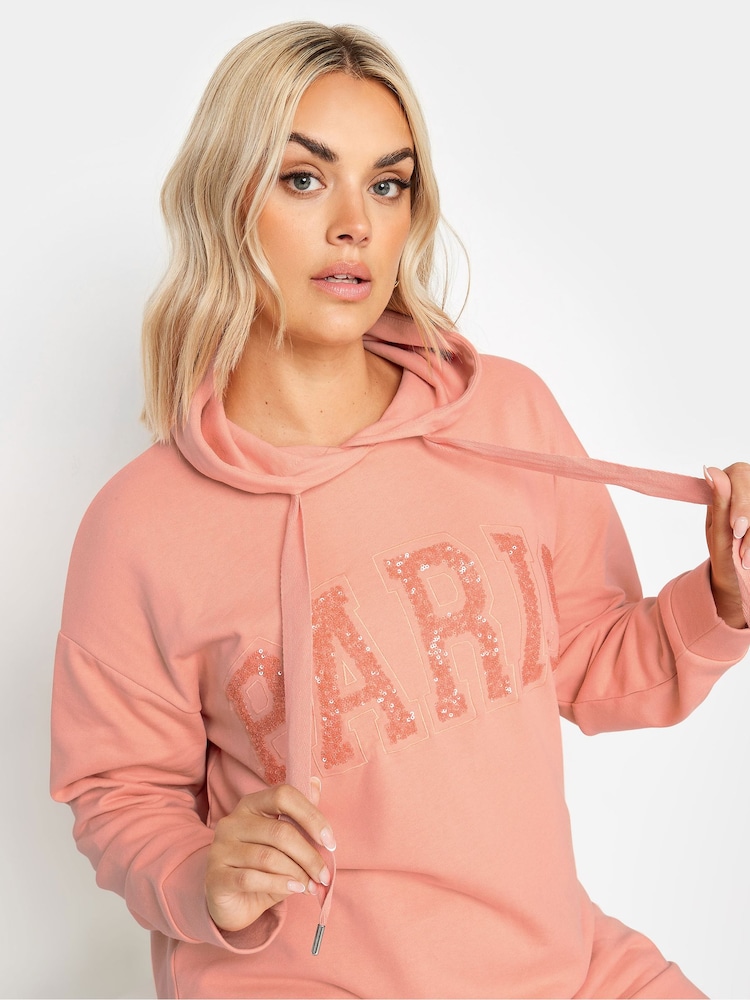 Yours Curve Pink 'Paris' Sequin Embellished Hoodie - Image 4 of 5