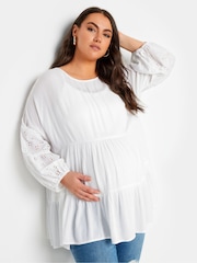 Yours Curve White Maternity Tiered Top With Broderie Sleeves - Image 1 of 5