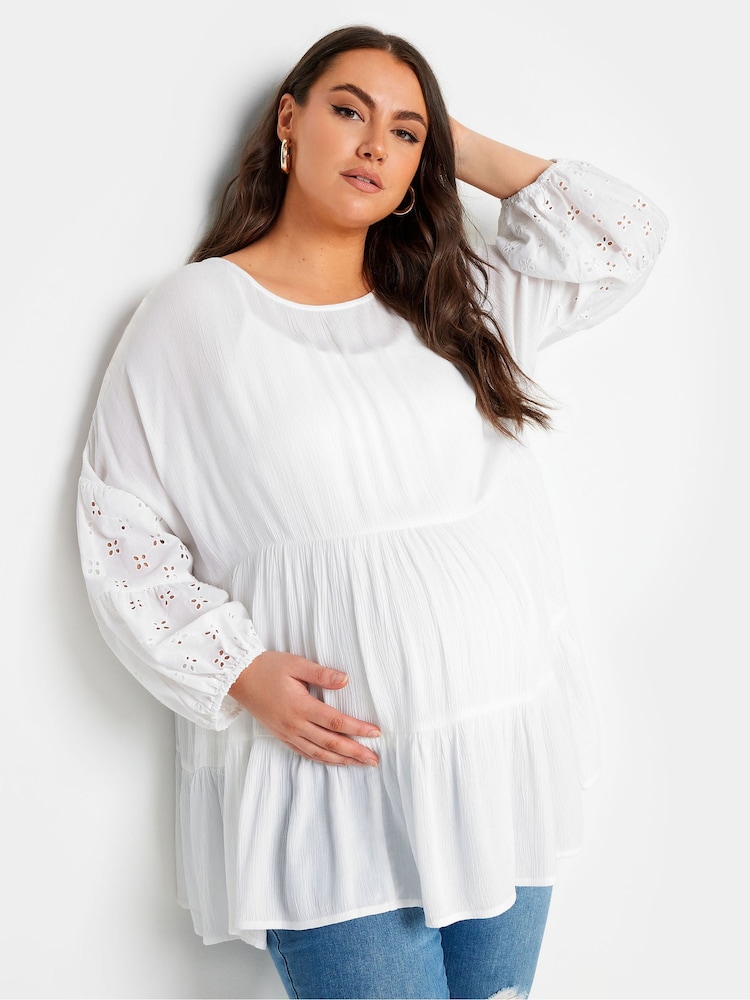 Yours Curve White Maternity Tiered Top With Broderie Sleeves - Image 1 of 5