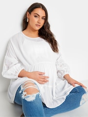 Yours Curve White Maternity Tiered Top With Broderie Sleeves - Image 4 of 5