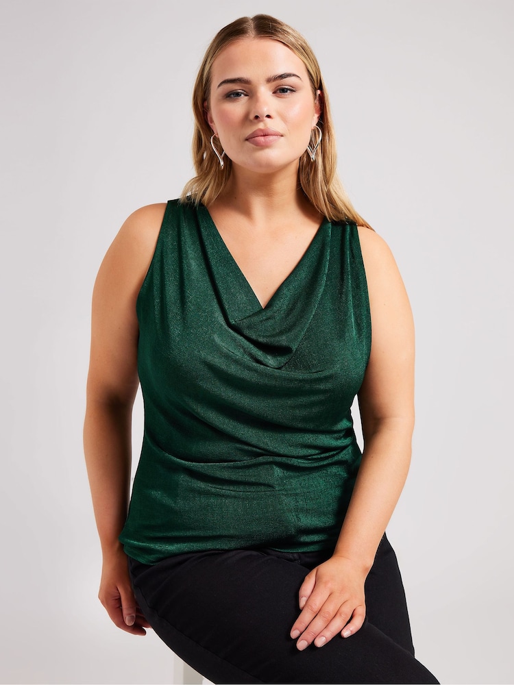 Yours Curve Green YOURS LONDON  Metallic Cowl Neck Top - Image 1 of 5