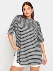 Yours Curve Black Denim Stripe Oversized Linen T-Shirt - Image 1 of 5