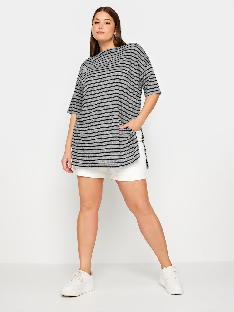 Yours Curve Black Denim Stripe Oversized Linen T-Shirt - Image 2 of 5