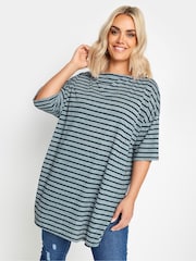 Yours Curve Blue Stripe Oversized Linen T-Shirt - Image 1 of 5
