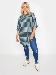 Yours Curve Blue Stripe Oversized Linen T-Shirt - Image 2 of 5