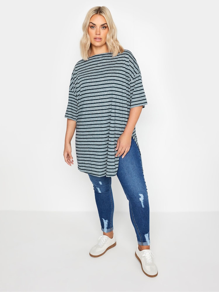 Yours Curve Blue Stripe Oversized Linen T-Shirt - Image 2 of 5