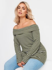 Yours Curve Green Stripe Long Sleeve Bardot Top - Image 1 of 6