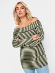 Yours Curve Green Stripe Long Sleeve Bardot Top - Image 2 of 6
