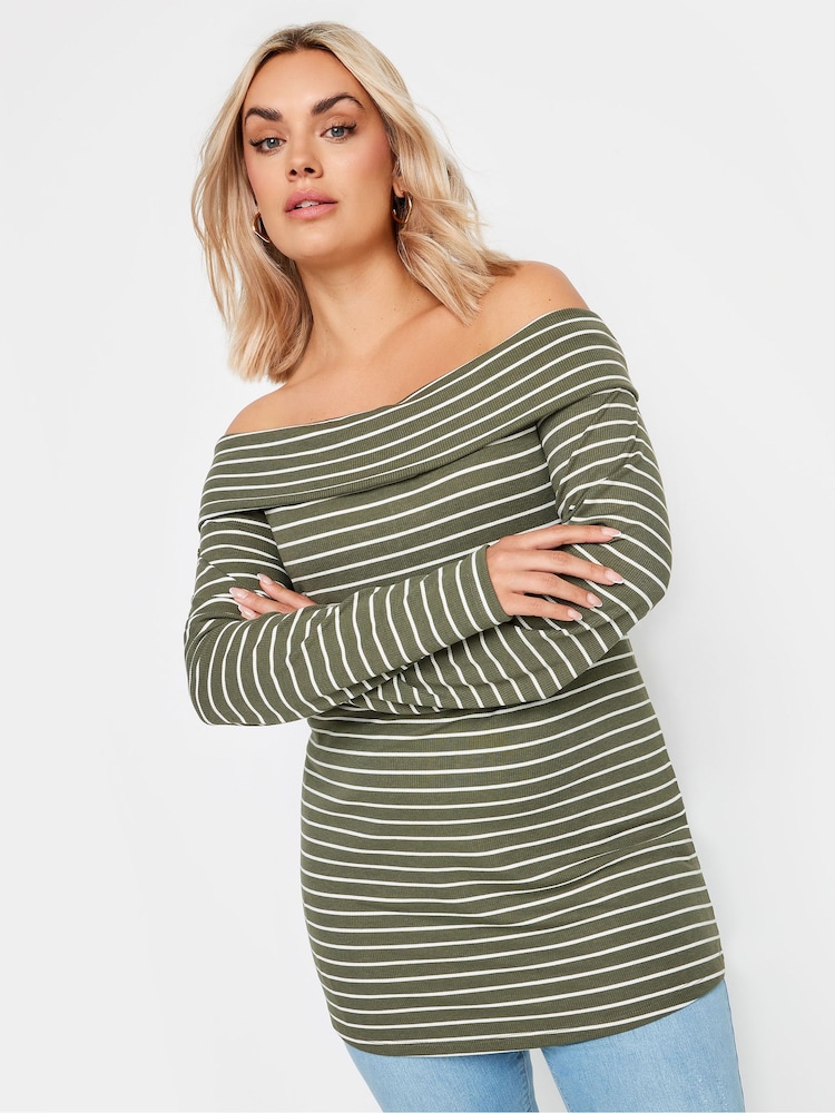 Yours Curve Green Stripe Long Sleeve Bardot Top - Image 2 of 6